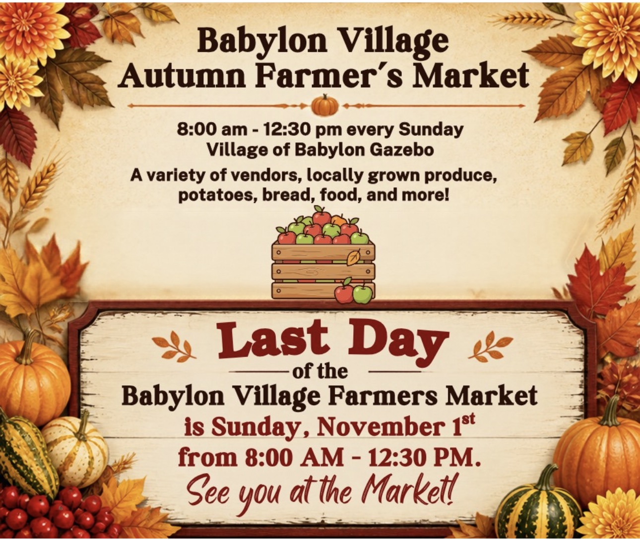 Babylon Village Farmers Market final day poster, Sunday November 1