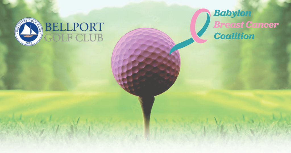 Babylon Breast Cancer Coalition Golf Classic 2026 campaign artwork - a pink golf ball on a tee with the Bellport Golf Club and Babylon Breast Cancer Coalition logos
